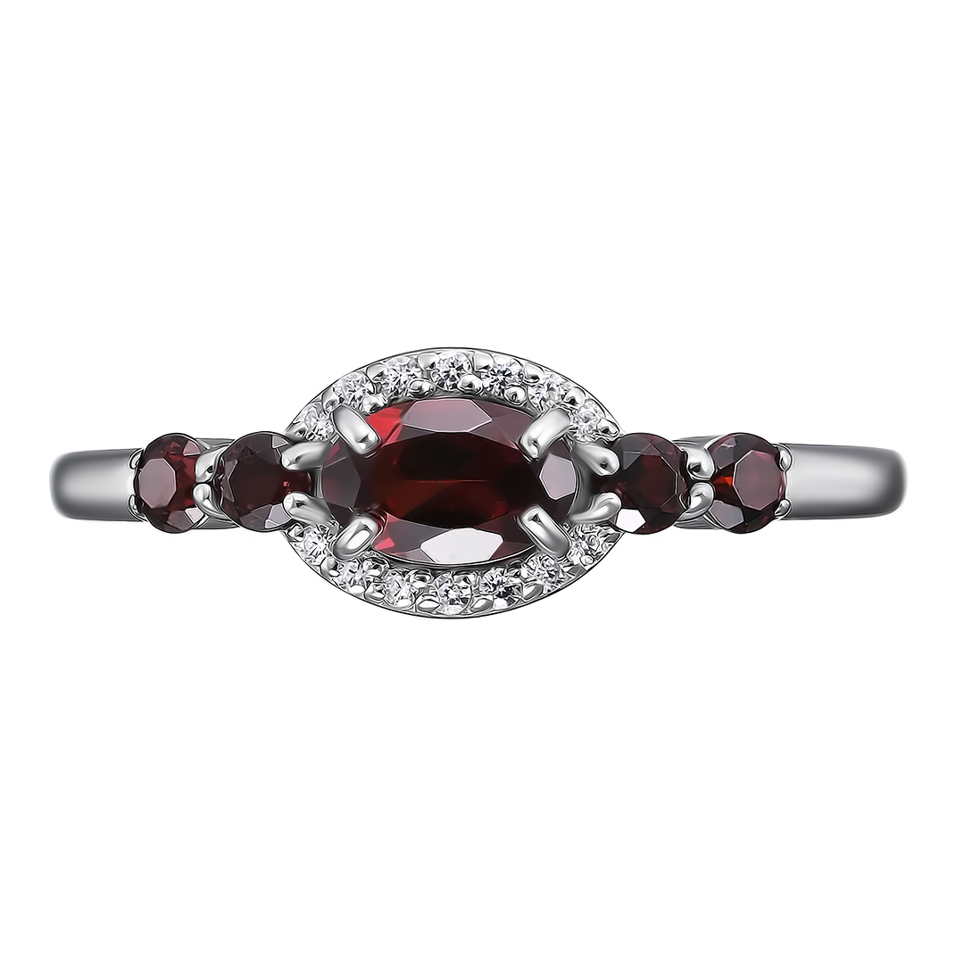 Серебряное кольцо 925 пробы; вставки 5 Гранат; Россыпь Фианит бесцв.;