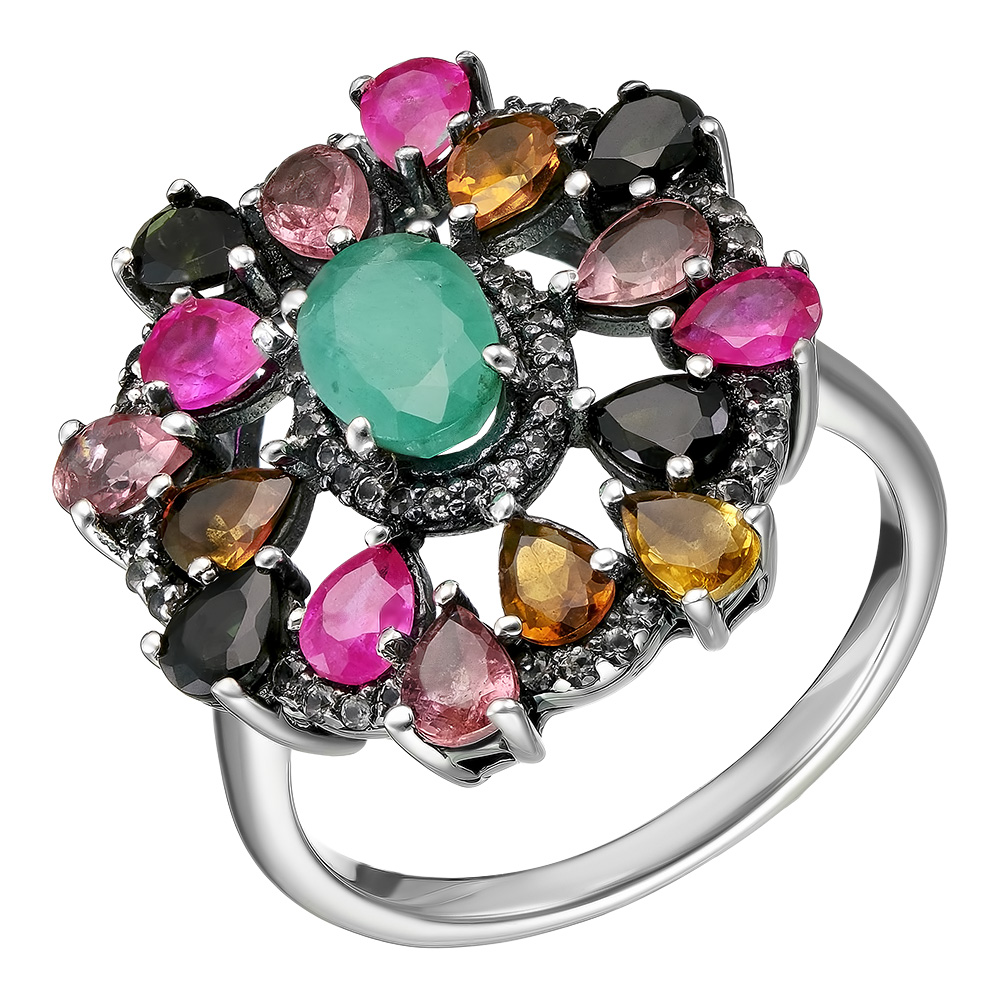 Серебряное кольцо 925 пробы; оксидирование; вставки 4 Рубин F/2 1 ct; 1 Берилл 0,65 ct; Россыпь Турм
