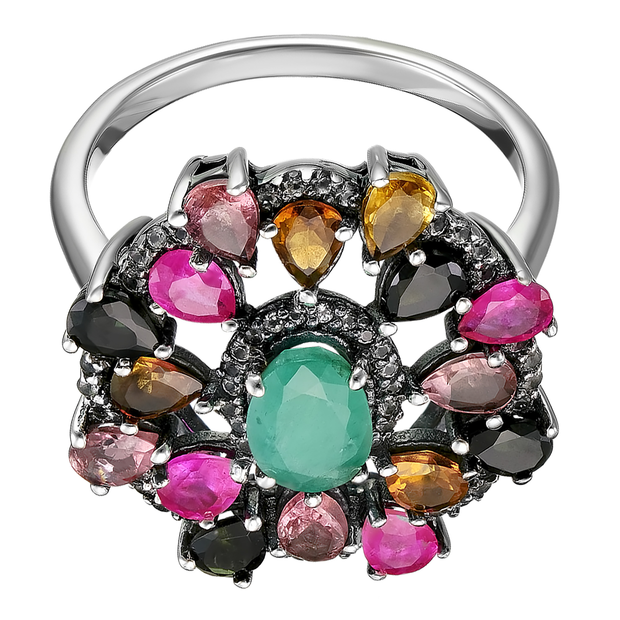Серебряное кольцо 925 пробы; оксидирование; вставки 4 Рубин F/2 1 ct; 1 Берилл 0,65 ct; Россыпь Турм