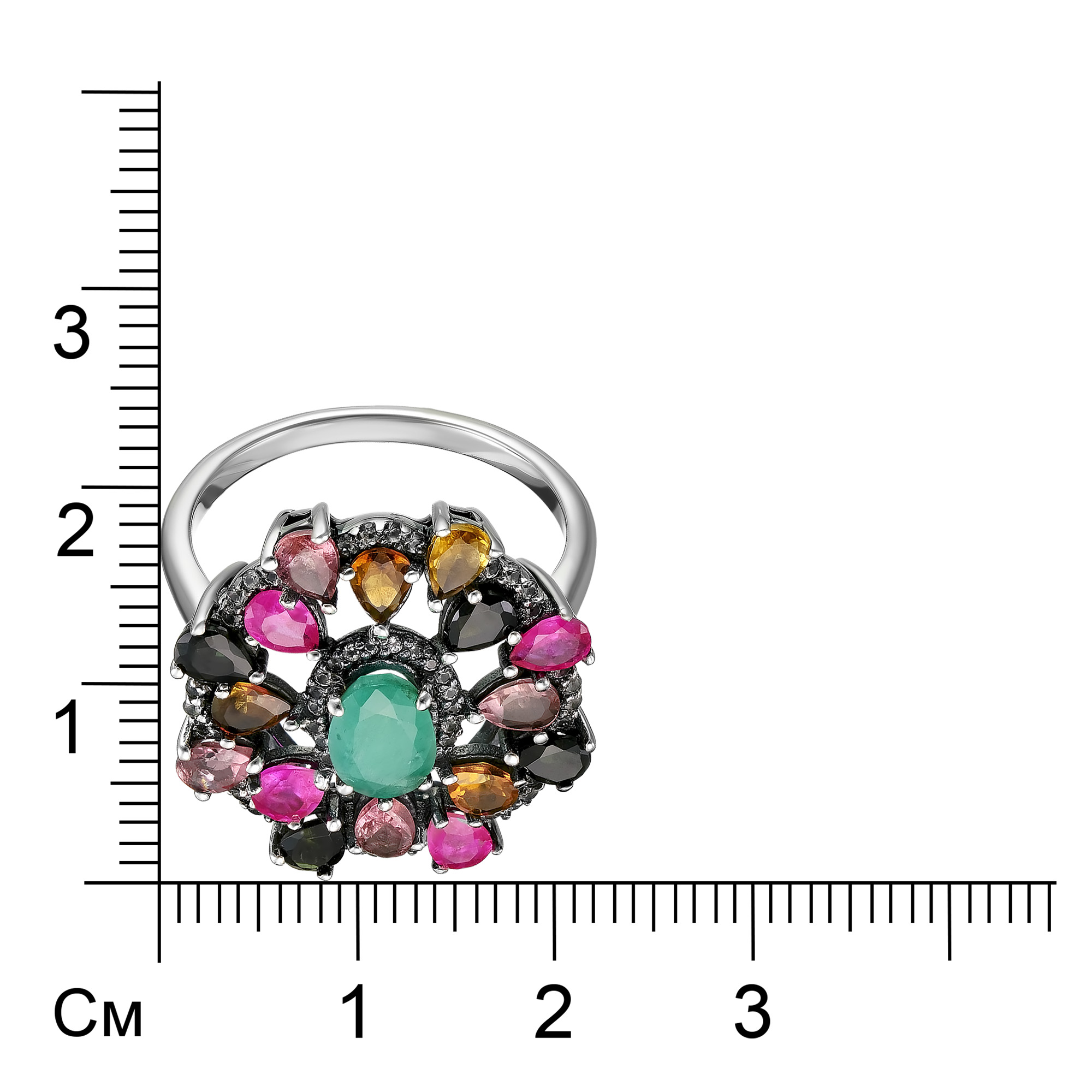 Серебряное кольцо 925 пробы; оксидирование; вставки 4 Рубин F/2 1 ct; 1 Берилл 0,65 ct; Россыпь Турм