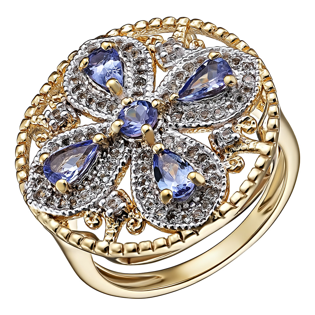 Серебряное кольцо 925 пробы; вставки 5 Танзанит 1,3ct (круг 3,5мм, груша 5x3мм); Россыпь Топаз белый