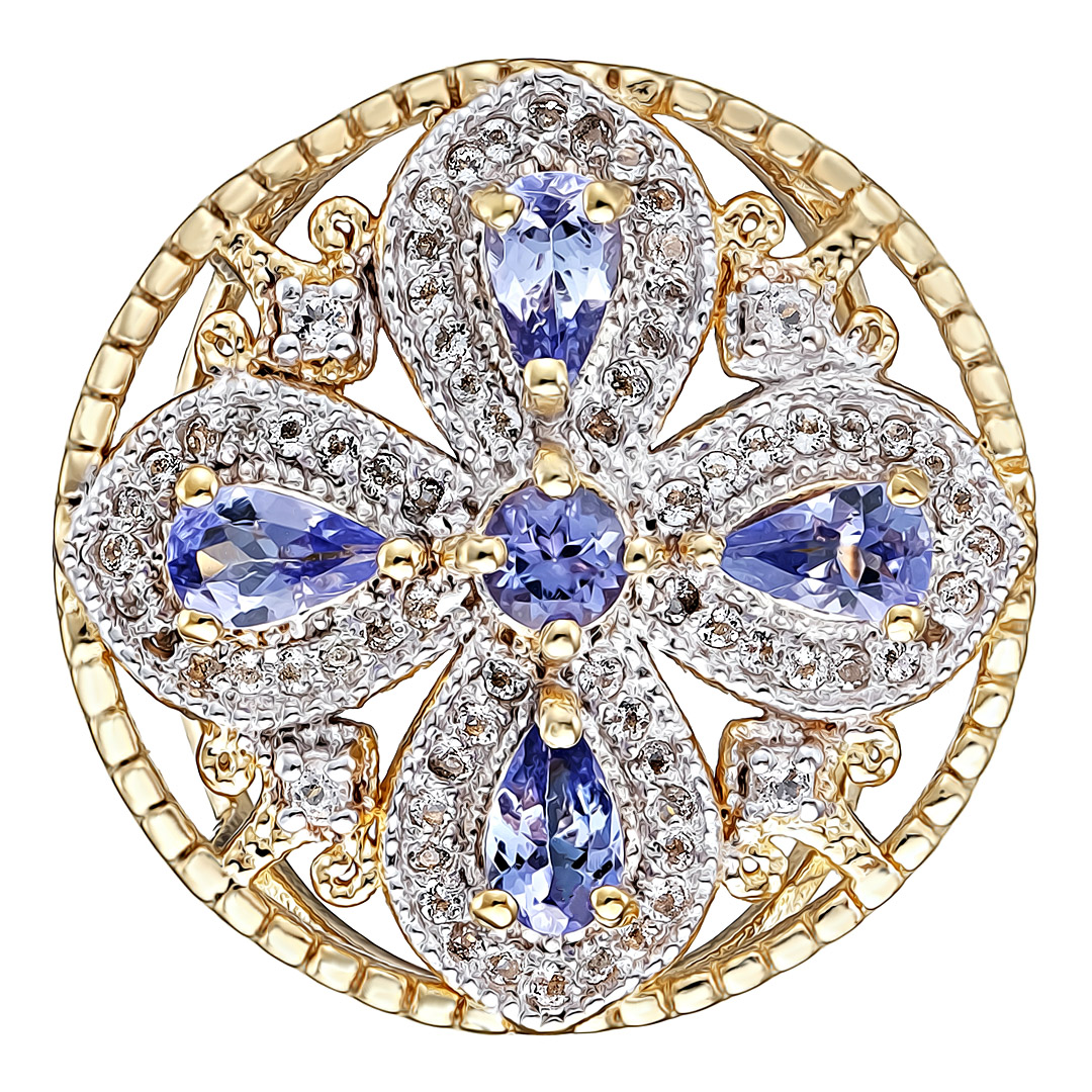 Серебряное кольцо 925 пробы; вставки 5 Танзанит 1,3ct (круг 3,5мм, груша 5x3мм); Россыпь Топаз белый