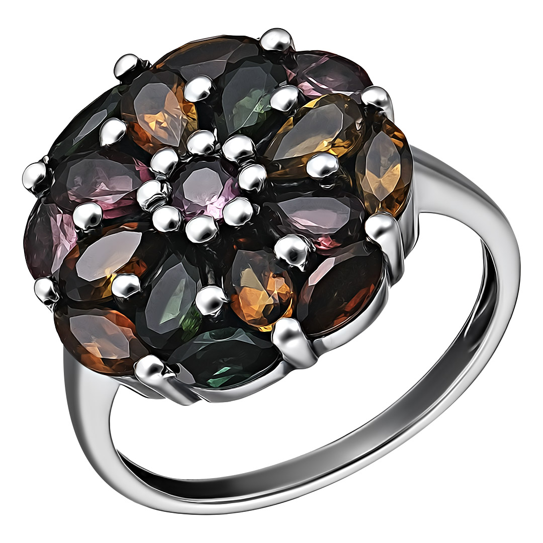 Серебряное кольцо 925 пробы; вставки 17 Турмалин разноцв., 2,84 ct.;