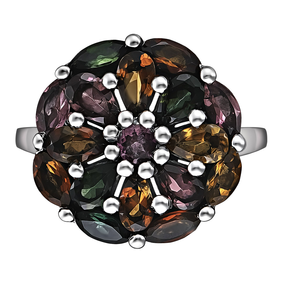 Серебряное кольцо 925 пробы; вставки 17 Турмалин разноцв., 2,84 ct.;