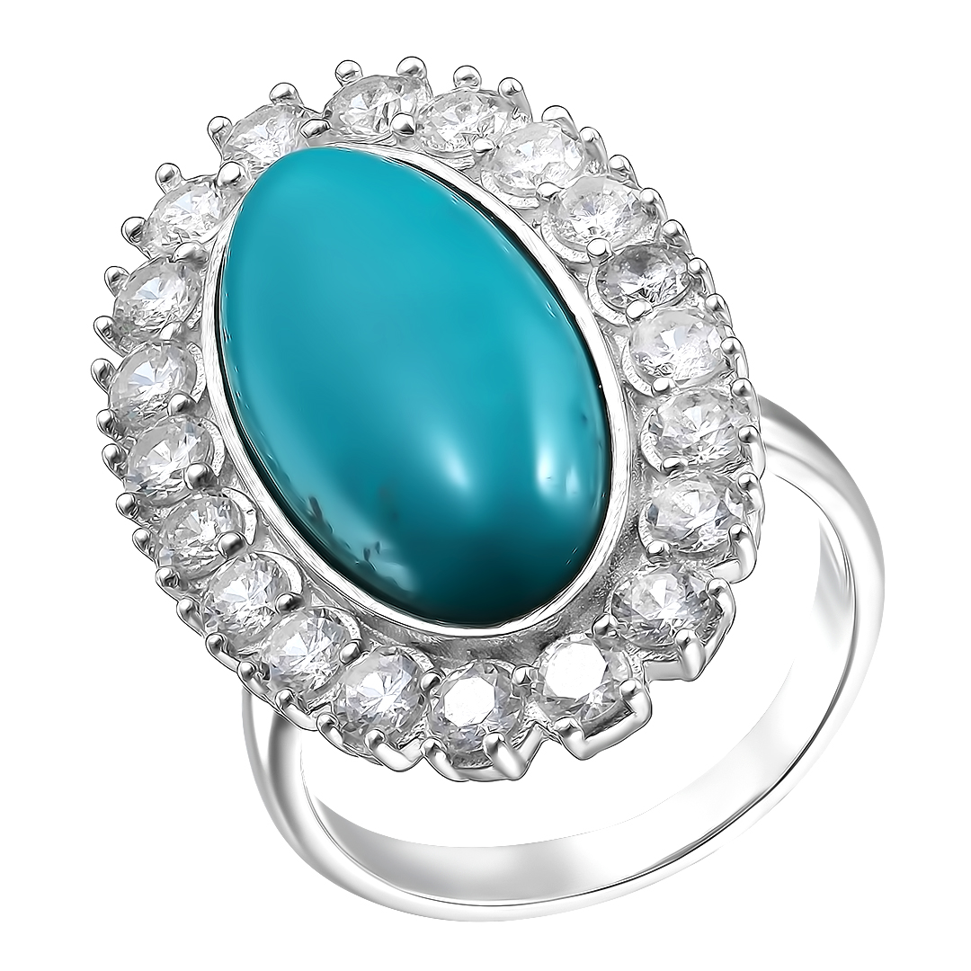 Серебряное кольцо 925 пробы; вставки 1 Бирюза; 20 Фианит бесцв.;
