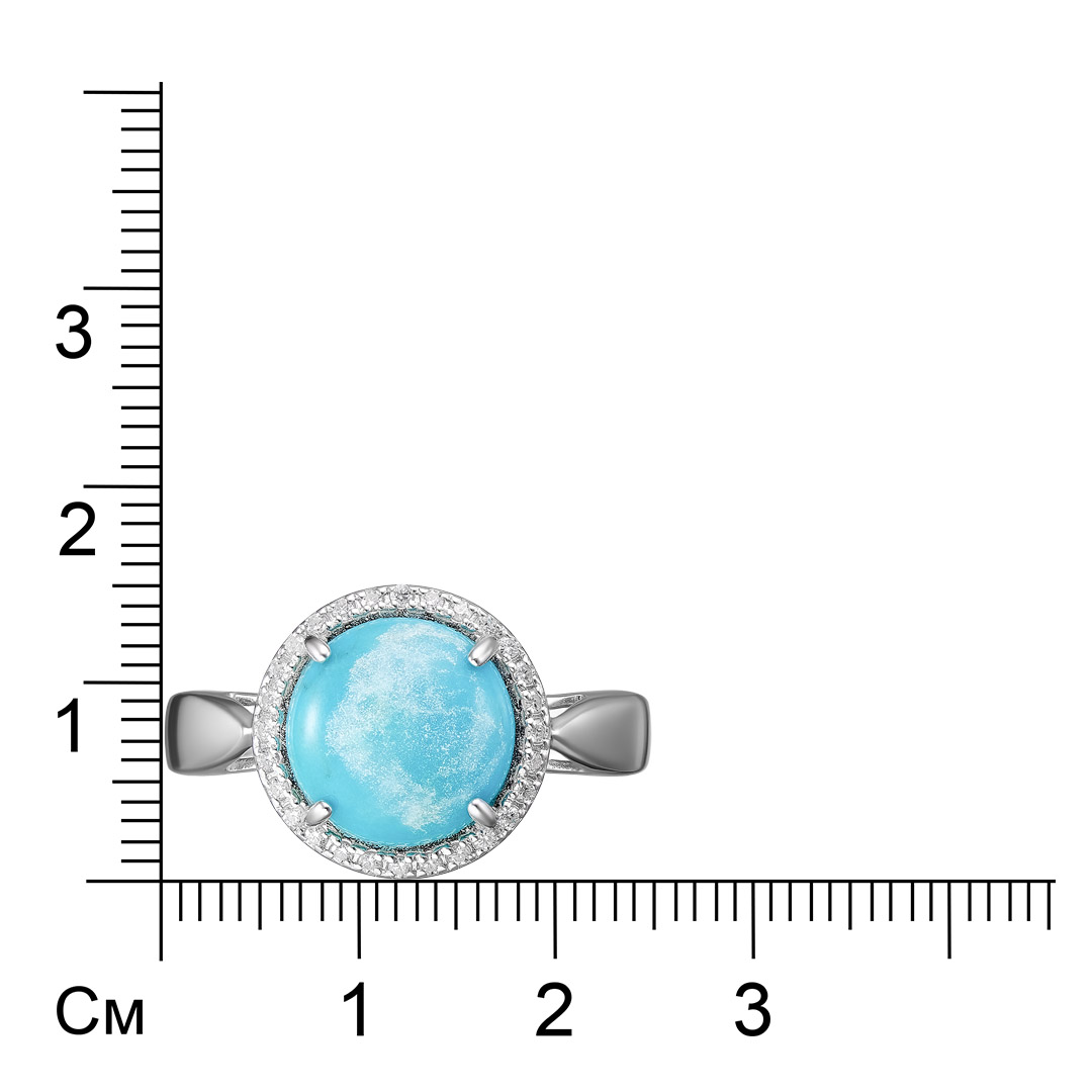 Серебряное кольцо 925 пробы; вставки 1 Бирюза; 28 Фианит бесцв.;