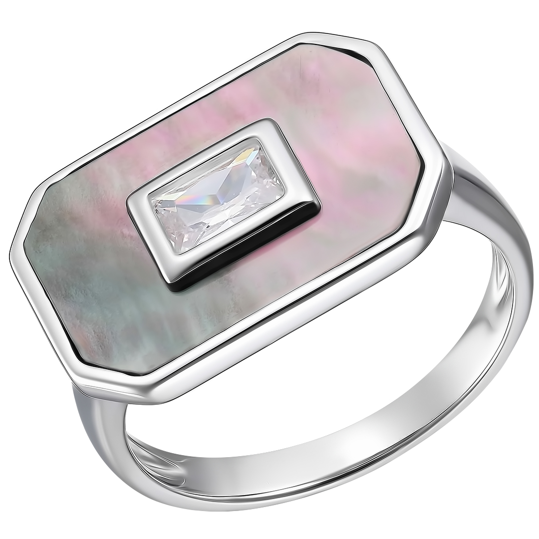 Серебряное кольцо 925 пробы; вставки 1 Перламутр черн.; 1 Фианит бесцв.;