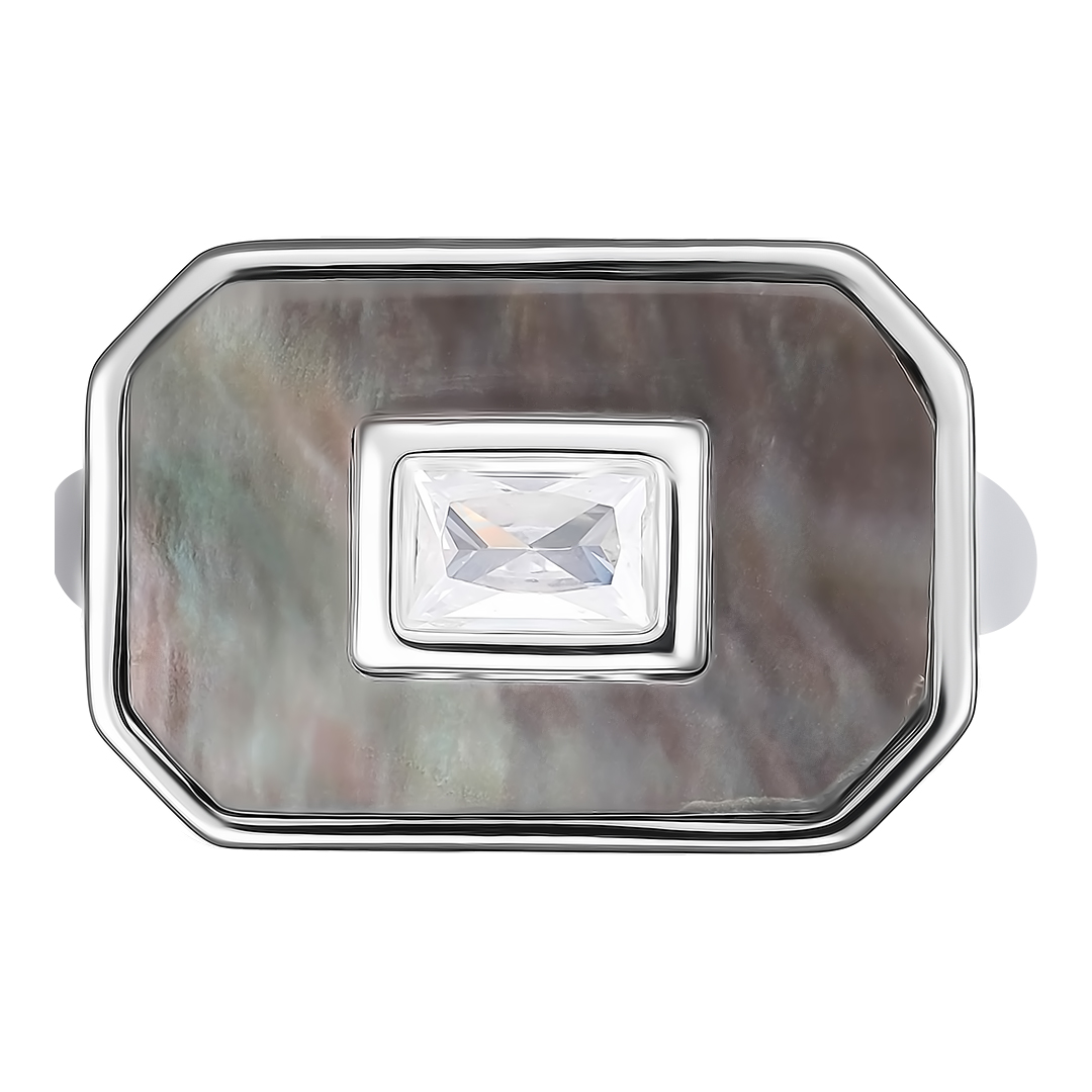 Серебряное кольцо 925 пробы; вставки 1 Перламутр черн.; 1 Фианит бесцв.;