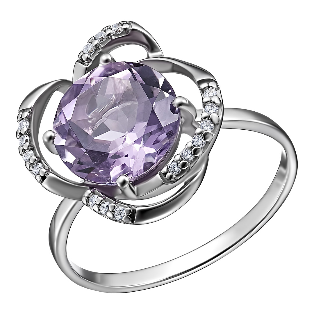 Серебряное кольцо 925 пробы; вставки 1 Аметист; Россыпь Фианит бесцв.;