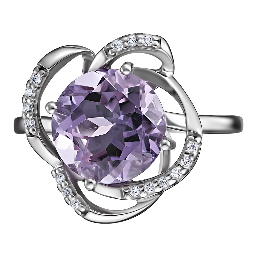 Серебряное кольцо 925 пробы; вставки 1 Аметист; Россыпь Фианит бесцв.;