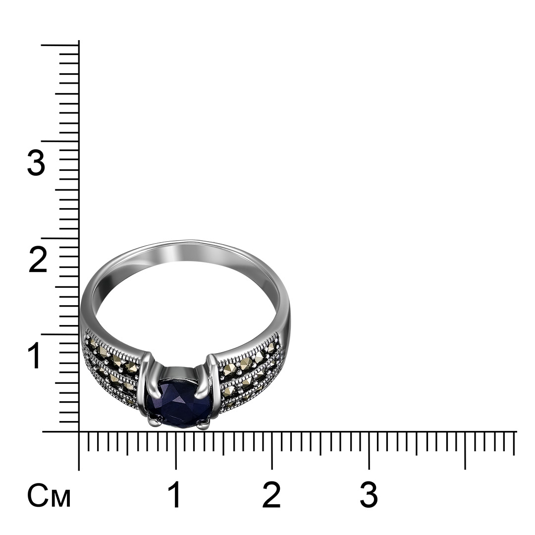 Серебряное кольцо 925 пробы; оксидирование; вставки 1 Сапфир 1,2 U/2; 24 Марказит;