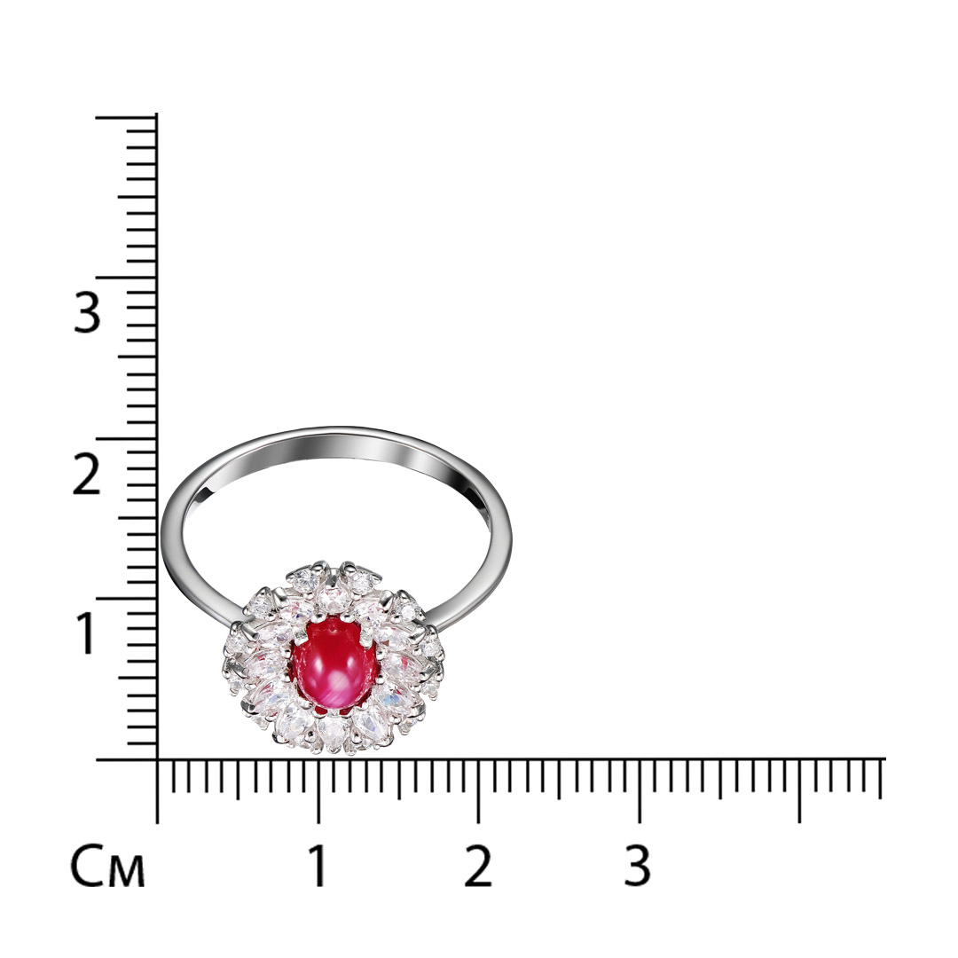 Серебряное кольцо 925 пробы; вставки 1 Рубин звездчатый F/2 1,8 ct, кабошон 7,5; 24 Куб. Цирконий бе