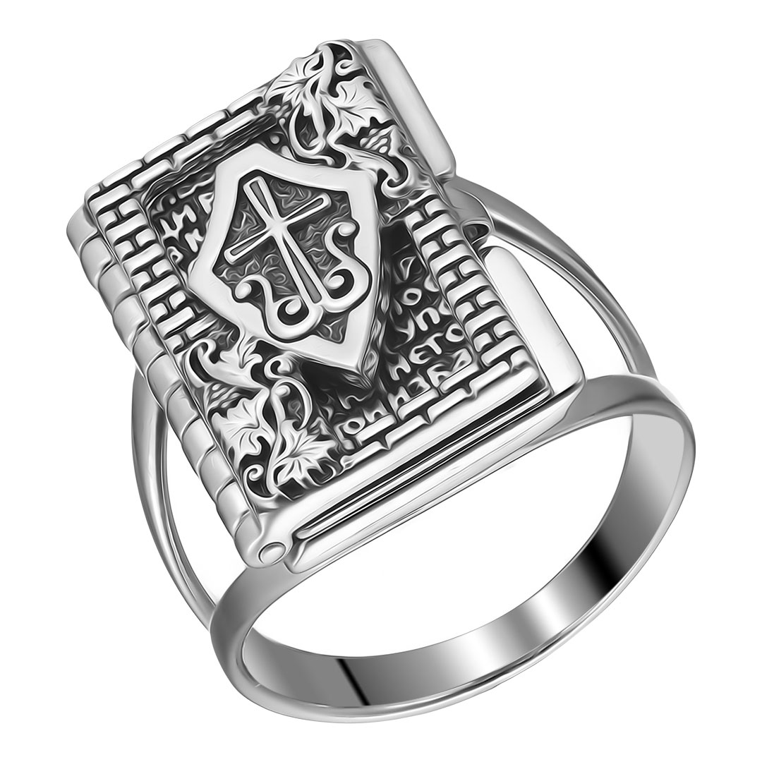 Серебряное кольцо 925 пробы; оксидирование; "Молитвенный щит";