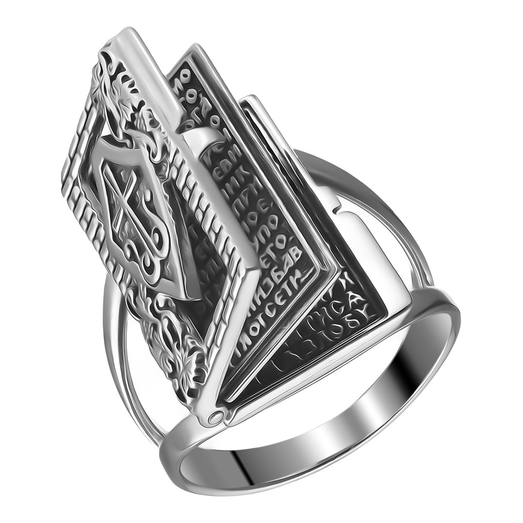 Серебряное кольцо 925 пробы; оксидирование; "Молитвенный щит";