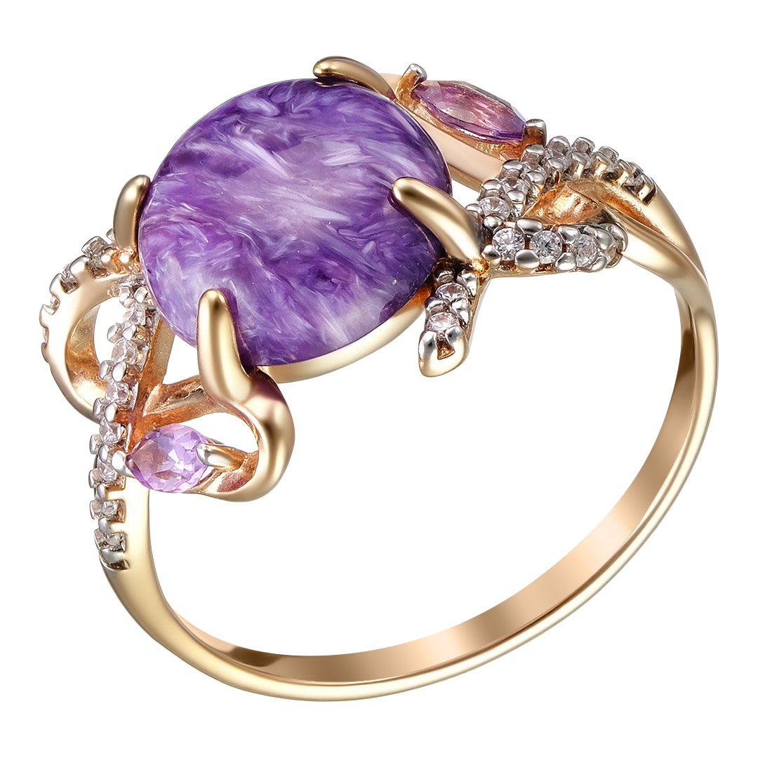Серебряное кольцо 925 пробы; вставки 1 Чароит; 2 Аметист; 26 Фианит бесцв.;