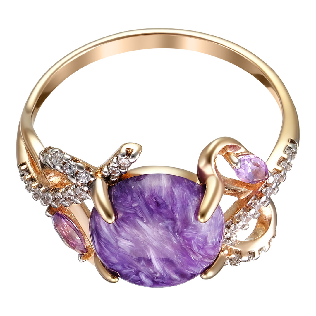 Серебряное кольцо 925 пробы; вставки 1 Чароит; 2 Аметист; 26 Фианит бесцв.;