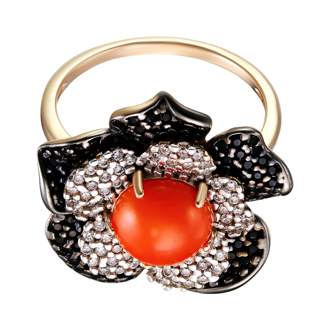 Серебряное кольцо 925 пробы; родий (бел., черн.); вставки 1 Коралл нат.; Россыпь Фианит (бесцв., чер