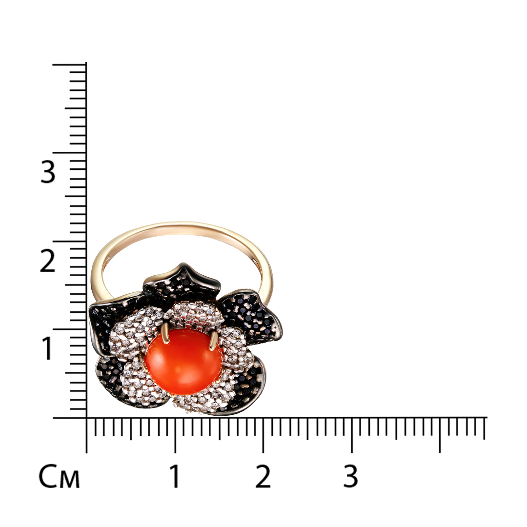 Серебряное кольцо 925 пробы; родий (бел., черн.); вставки 1 Коралл нат.; Россыпь Фианит (бесцв., чер