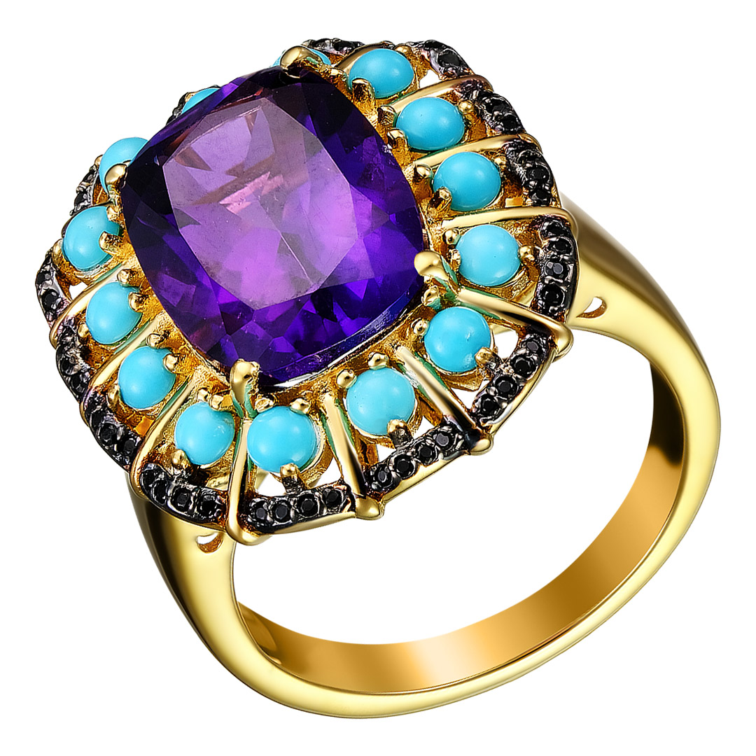 Серебряное кольцо 925 пробы; родий черный; вставки 1 Аметист Африканский 2,48 Ct; 14 Бирюза 0,42 ct;