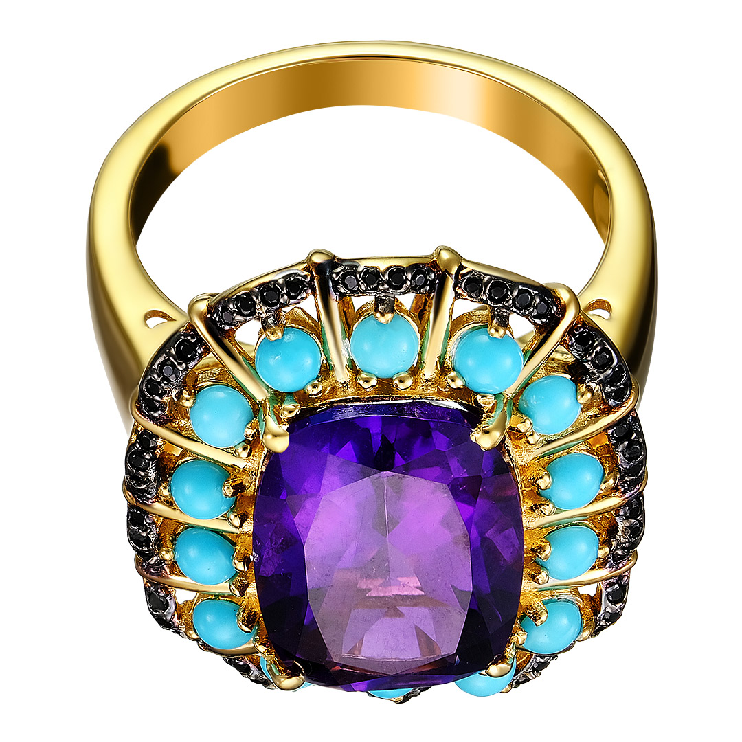 Серебряное кольцо 925 пробы; родий черный; вставки 1 Аметист Африканский 2,48 Ct; 14 Бирюза 0,42 ct;