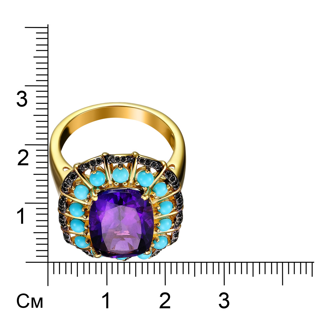 Серебряное кольцо 925 пробы; родий черный; вставки 1 Аметист Африканский 2,48 Ct; 14 Бирюза 0,42 ct;