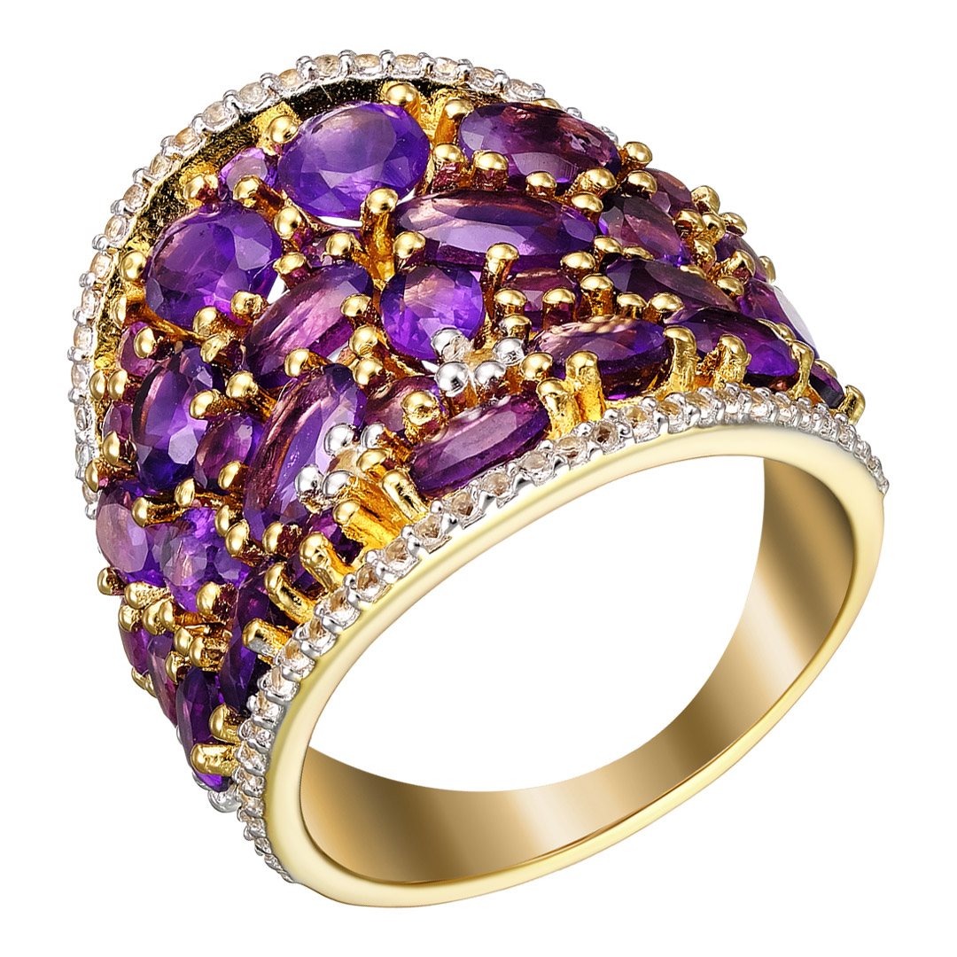 Серебряное кольцо 925 пробы; вставки 31 Аметист Африканский 3,26 ct; 69 Топаз белый 0,34 ct;
