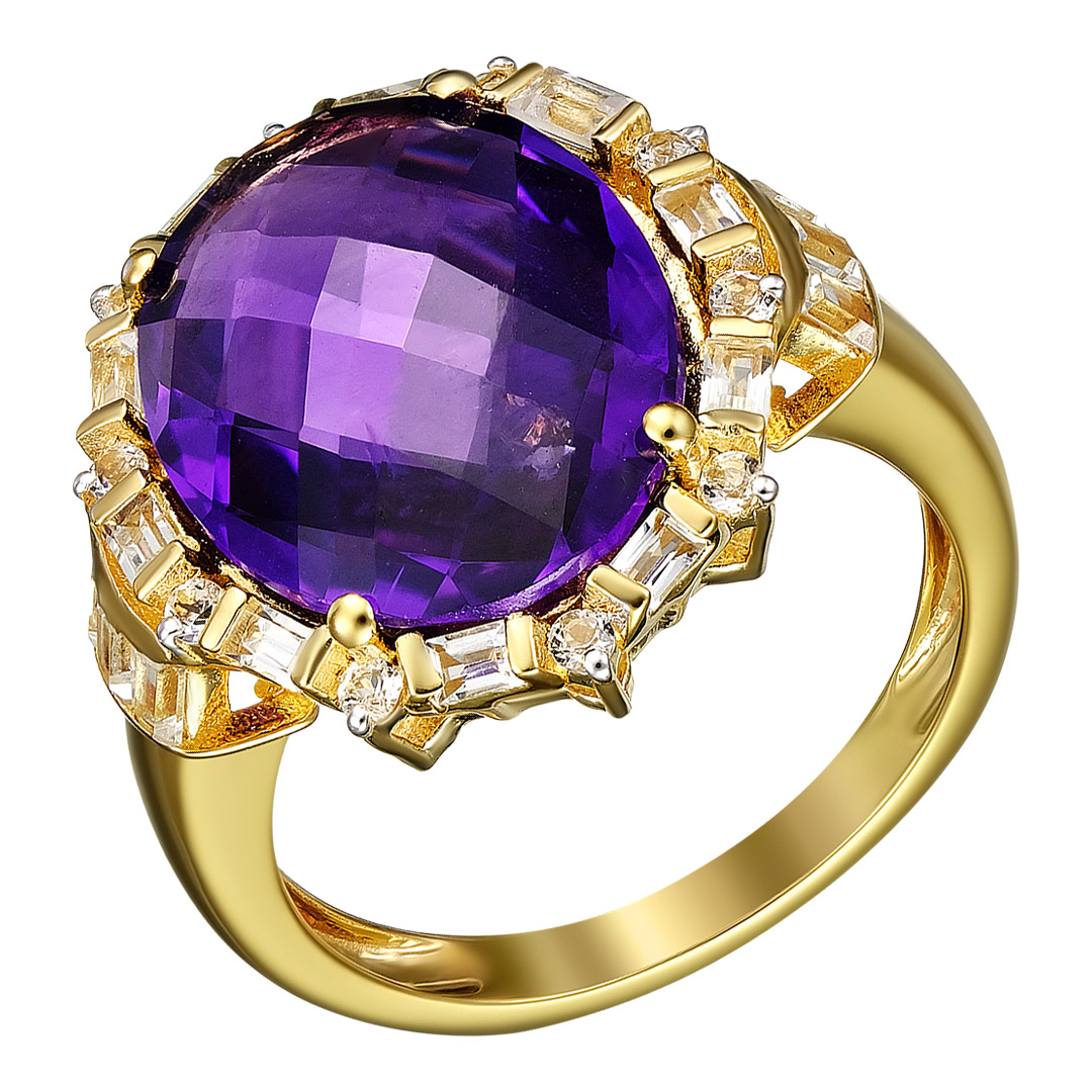 Серебряное кольцо 925 пробы; вставки 1 Аметист Африканский 7,47 ct; 26 Топаз белый 1,04 ct;