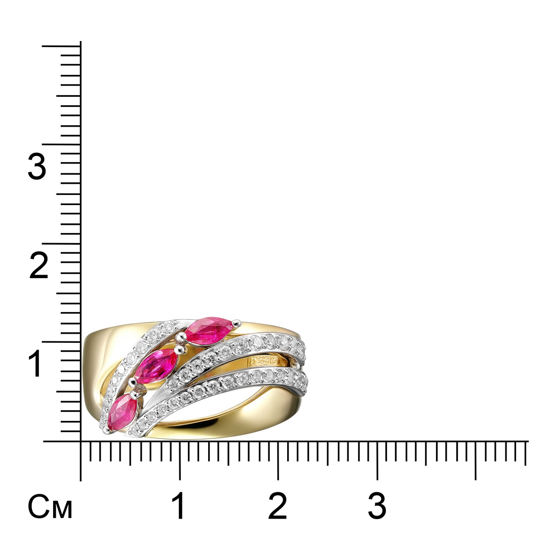Золотое кольцо 585 пробы; желтое,белое золото; родий; вставки 10 Бр.Кр-57 0,15 3/6А; 15 Бр.Кр-57 0,1