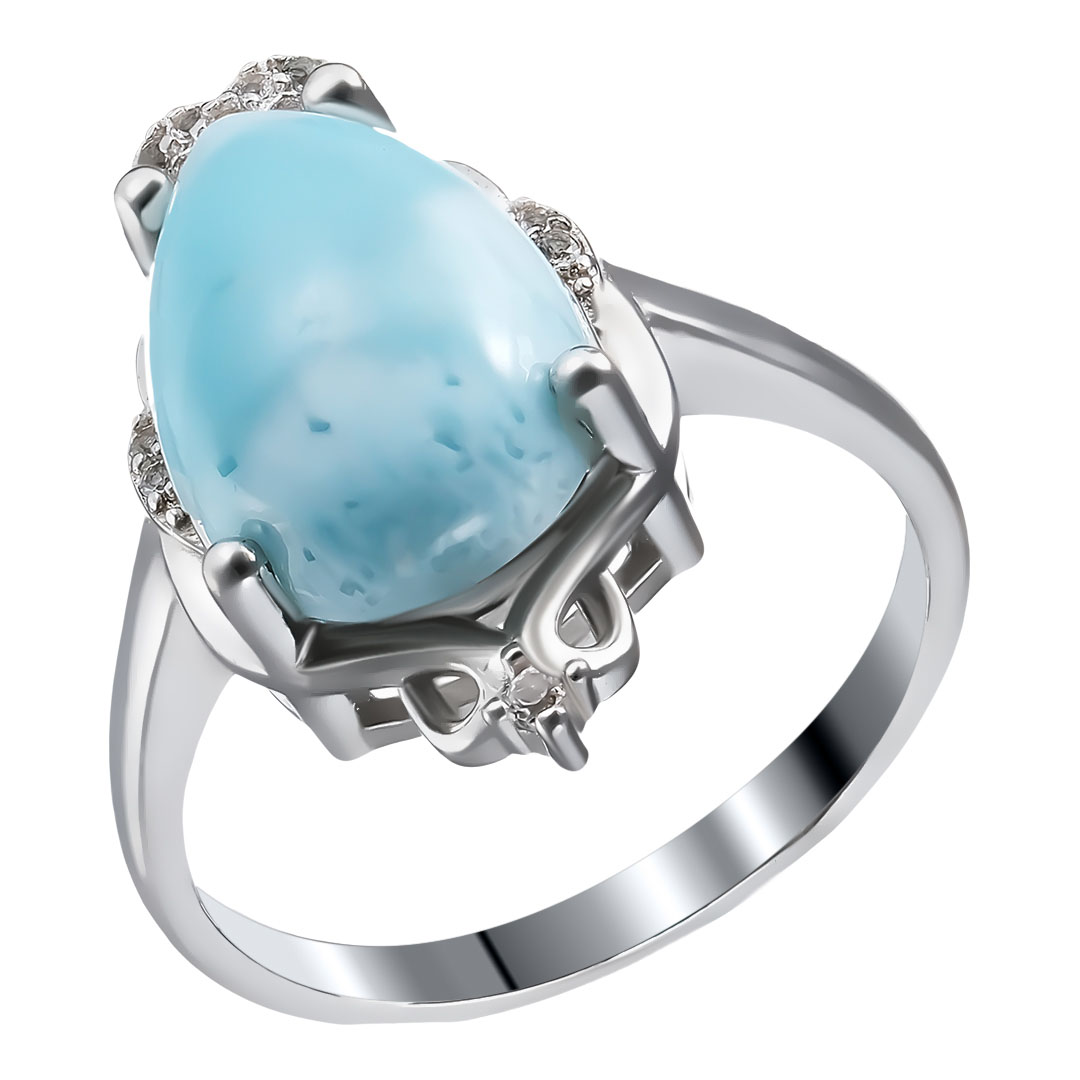 Серебряное кольцо 925 пробы; вставки 1 Ларимар 5,59 ct; 12 Топаз белый 0,09 ct;