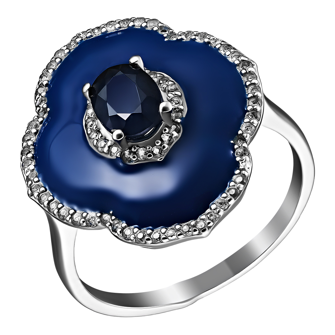 Серебряное кольцо 925 пробы; вставки 1 Сапфир 1,06 ct U/2; 72 Топаз белый 0,57 ct; Эмаль синяя;