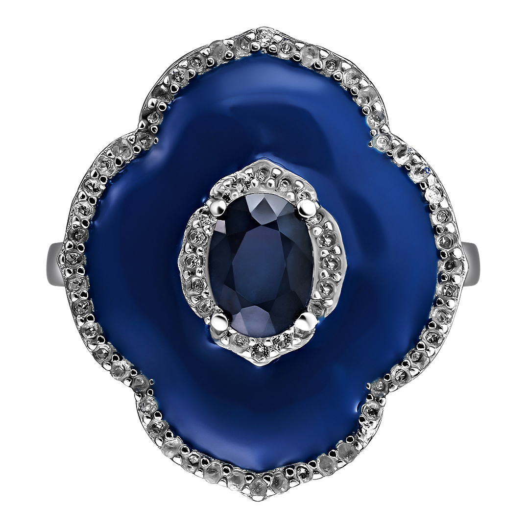 Серебряное кольцо 925 пробы; вставки 1 Сапфир 1,06 ct U/2; 72 Топаз белый 0,57 ct; Эмаль синяя;