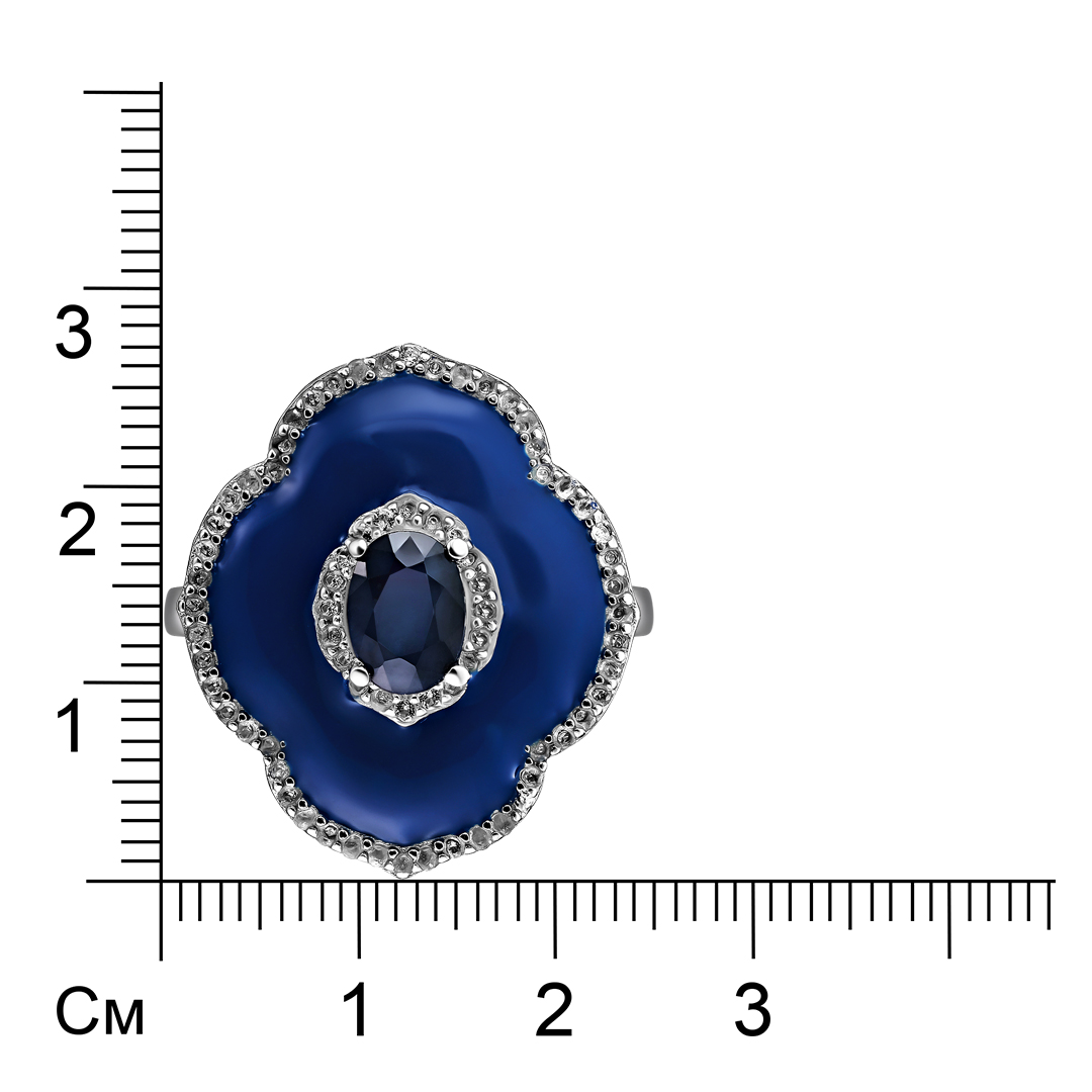 Серебряное кольцо 925 пробы; вставки 1 Сапфир 1,06 ct U/2; 72 Топаз белый 0,57 ct; Эмаль синяя;
