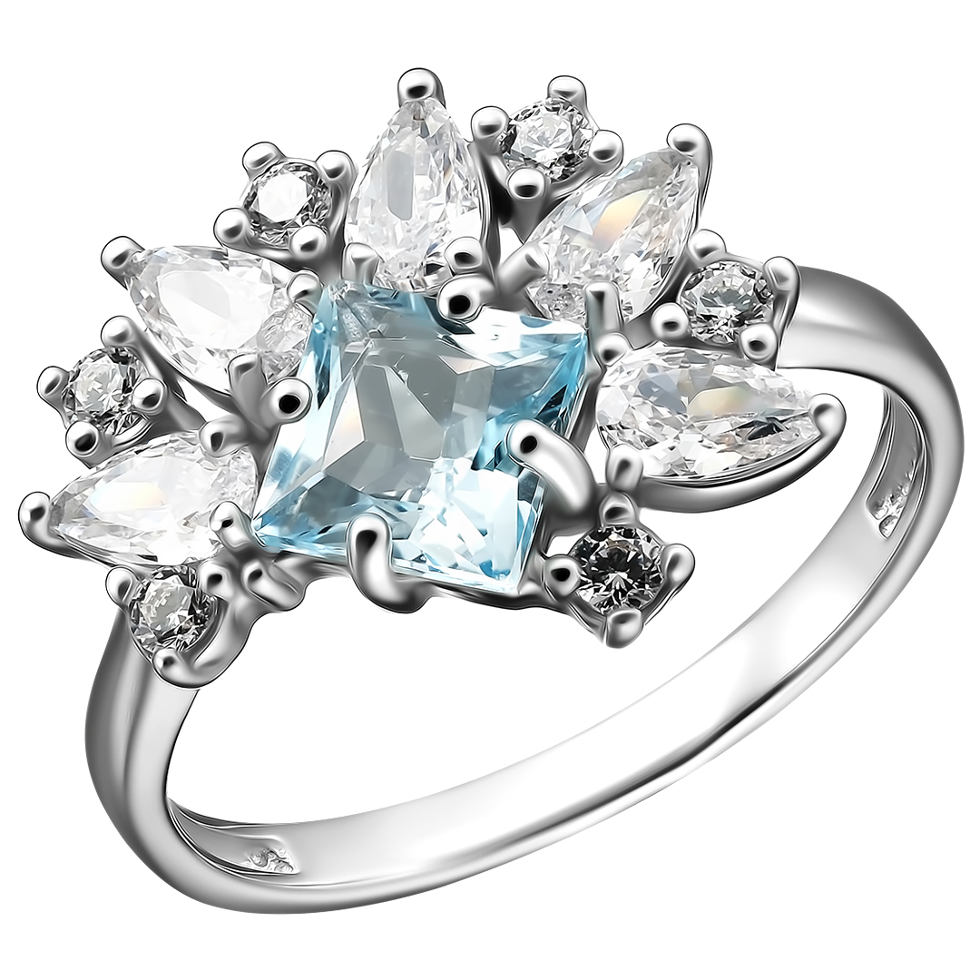 Серебряное кольцо 925 пробы; вставки 1 Топаз; 11 Фианит бесцв.;