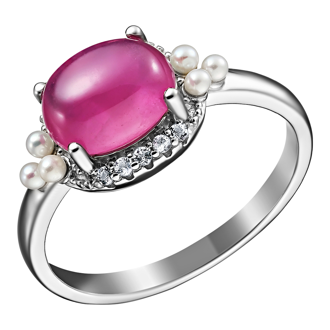 Серебряное кольцо 925 пробы; вставки 1 Рубин 3,43 ct F/2; 16 Топаз белый 0,32 ct; 6 Жемчуг культ. бе