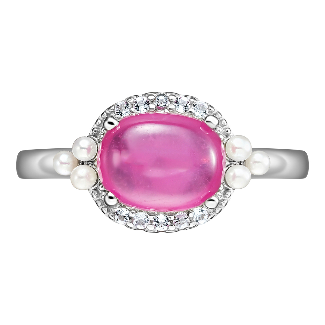 Серебряное кольцо 925 пробы; вставки 1 Рубин 3,43 ct F/2; 16 Топаз белый 0,32 ct; 6 Жемчуг культ. бе