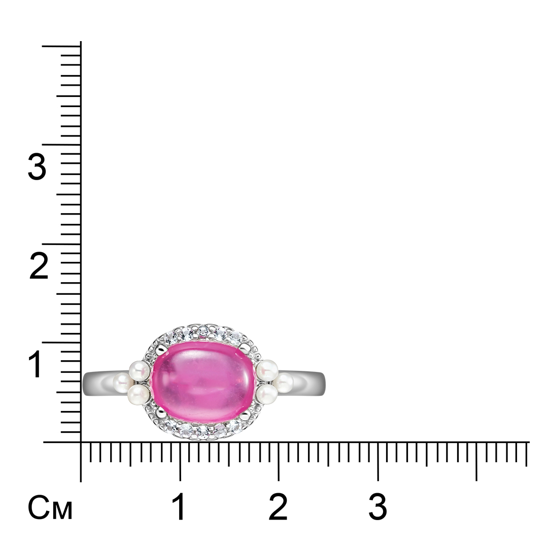 Серебряное кольцо 925 пробы; вставки 1 Рубин 3,43 ct F/2; 16 Топаз белый 0,32 ct; 6 Жемчуг культ. бе