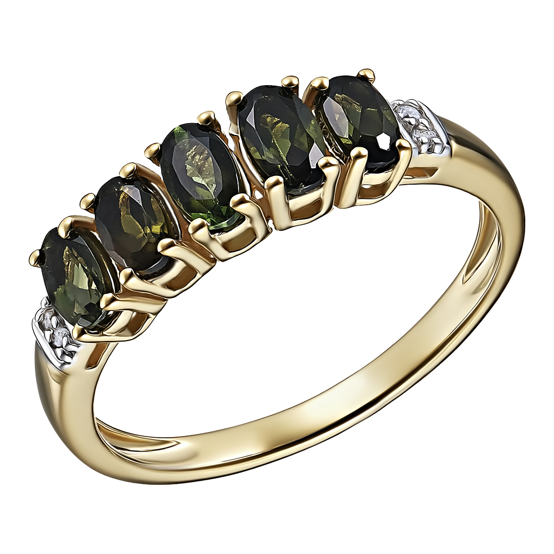 Серебряное кольцо 925 пробы; вставки 5 Турмалин зеленый 1,26 ct; 4 Топаз белый 0,03 ct;