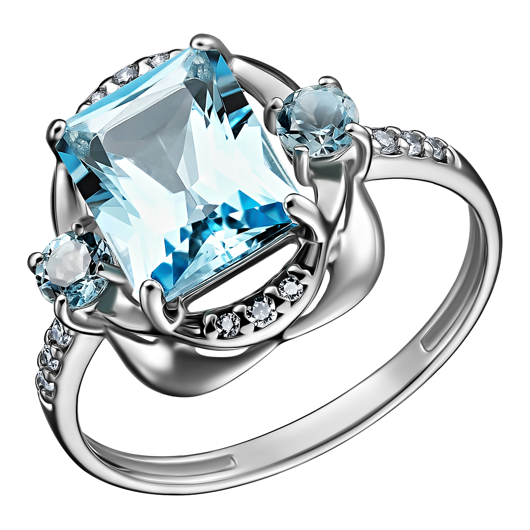 Серебряное кольцо 925 пробы; вставки 3 Топаз Sky; 12 Фианит бесцв.;