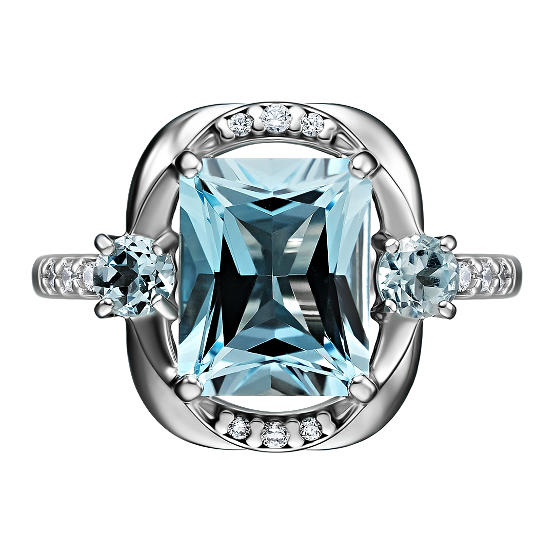 Серебряное кольцо 925 пробы; вставки 3 Топаз Sky; 12 Фианит бесцв.;