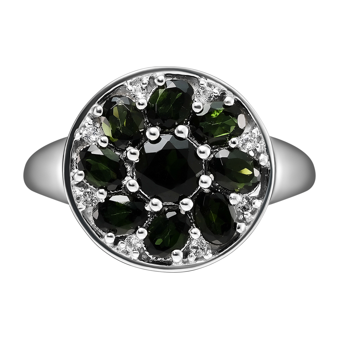 Серебряное кольцо 925 пробы; вставки 9 Турмалин зеленый 1,80 ct; 8 Топаз белый 0,08 ct;