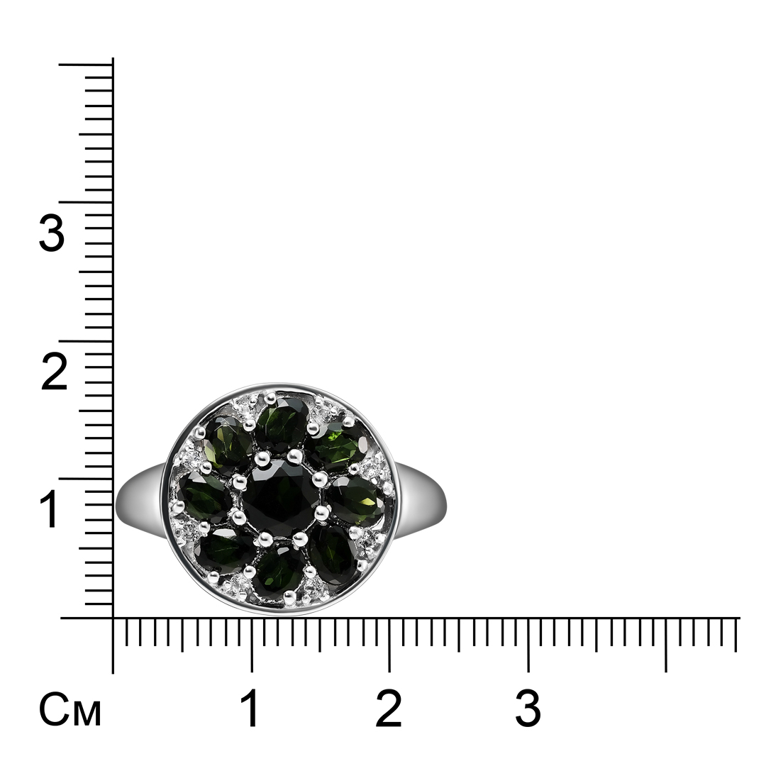Серебряное кольцо 925 пробы; вставки 9 Турмалин зеленый 1,80 ct; 8 Топаз белый 0,08 ct;