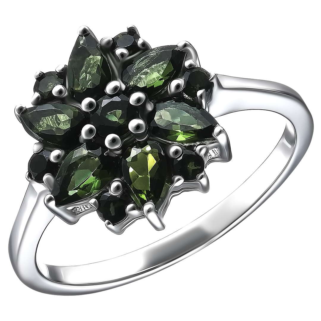 Серебряное кольцо 925 пробы; вставки 13 Турмалин зеленый 1,66 Ct;