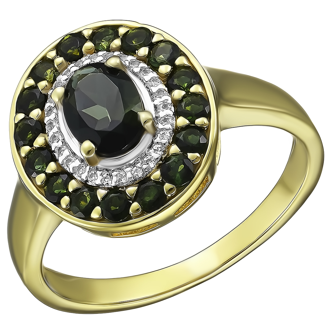 Серебряное кольцо 925 пробы; вставки 17 Турмалин зеленый 1,36 ct; 26 Топаз белый 0,07 ct;