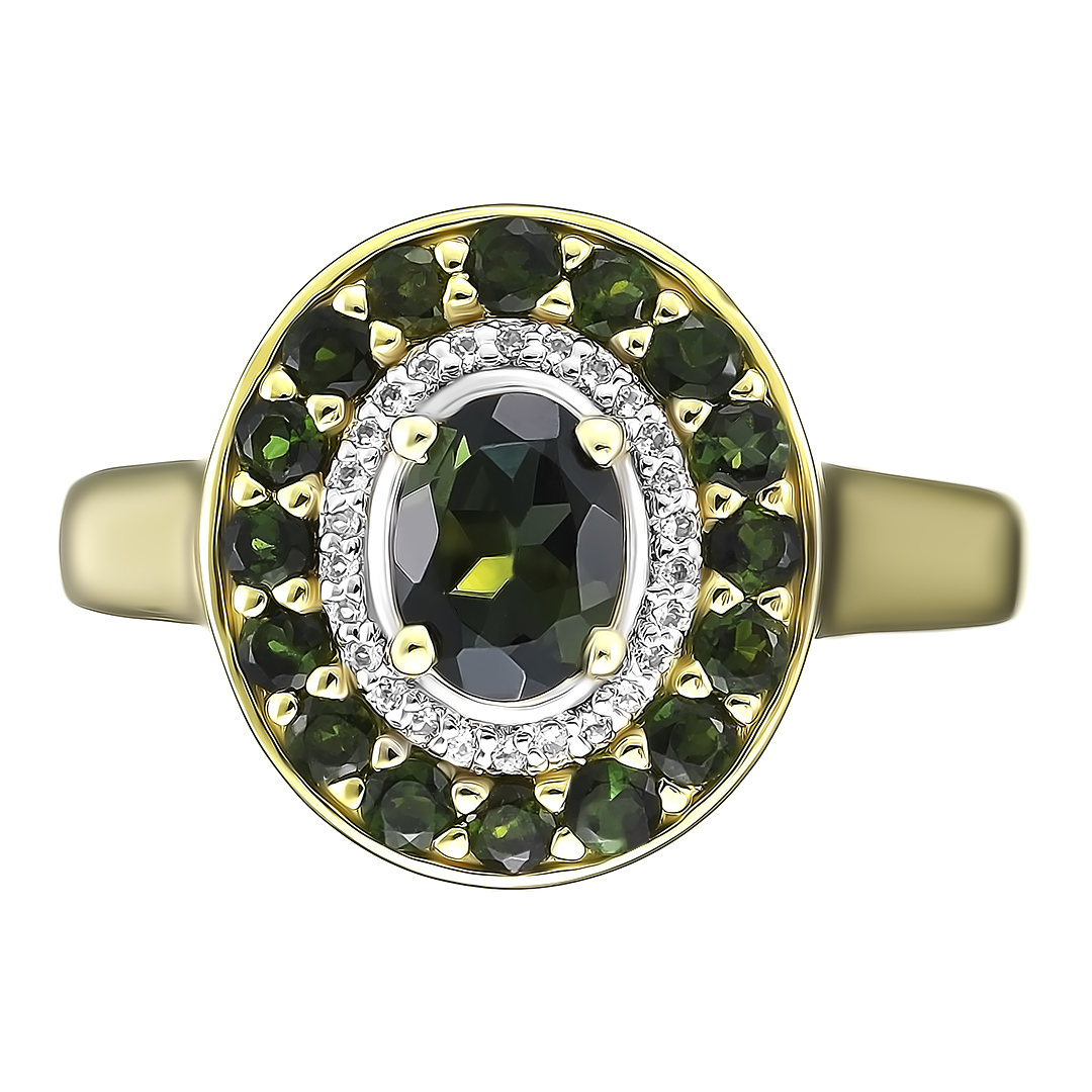 Серебряное кольцо 925 пробы; вставки 17 Турмалин зеленый 1,36 ct; 26 Топаз белый 0,07 ct;