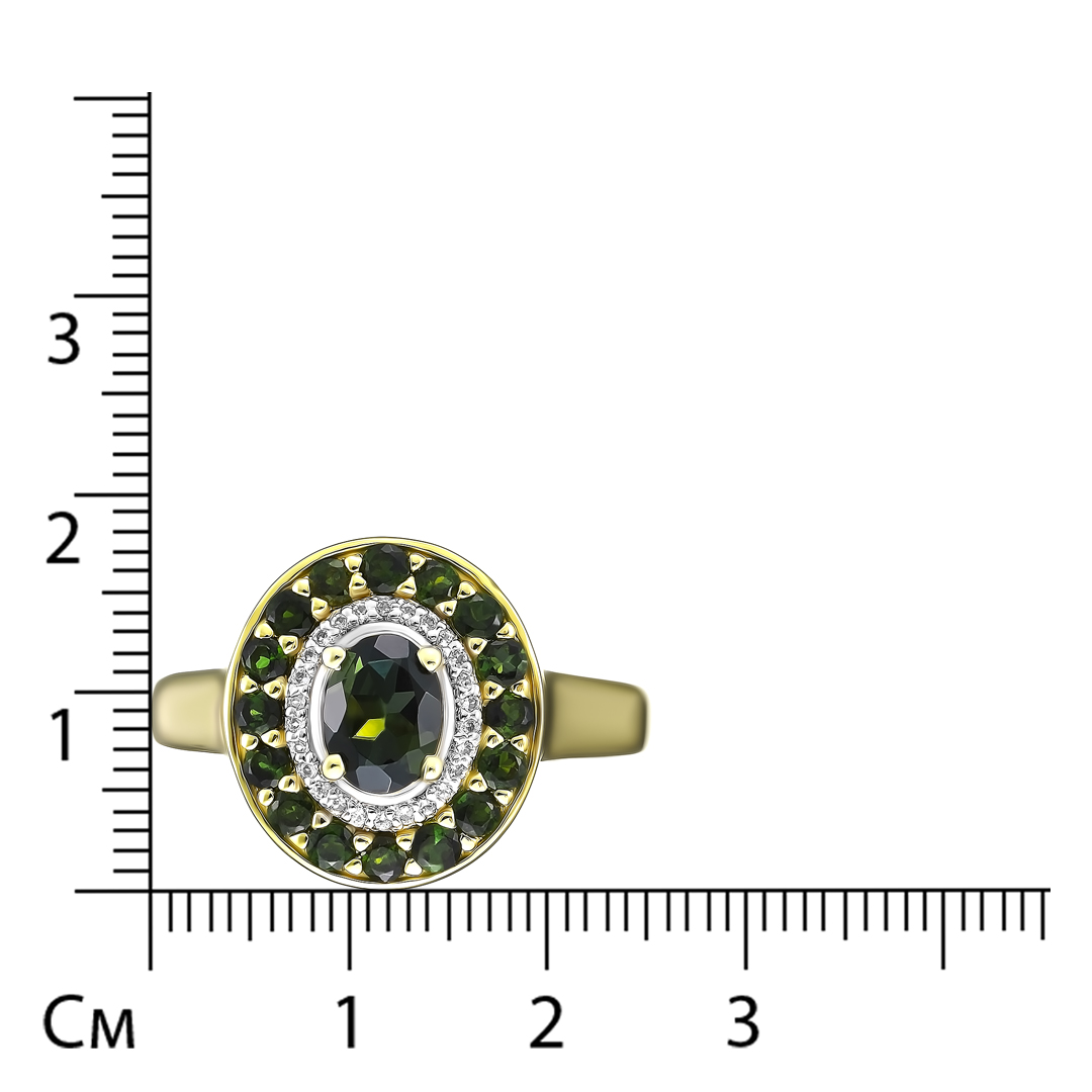 Серебряное кольцо 925 пробы; вставки 17 Турмалин зеленый 1,36 ct; 26 Топаз белый 0,07 ct;