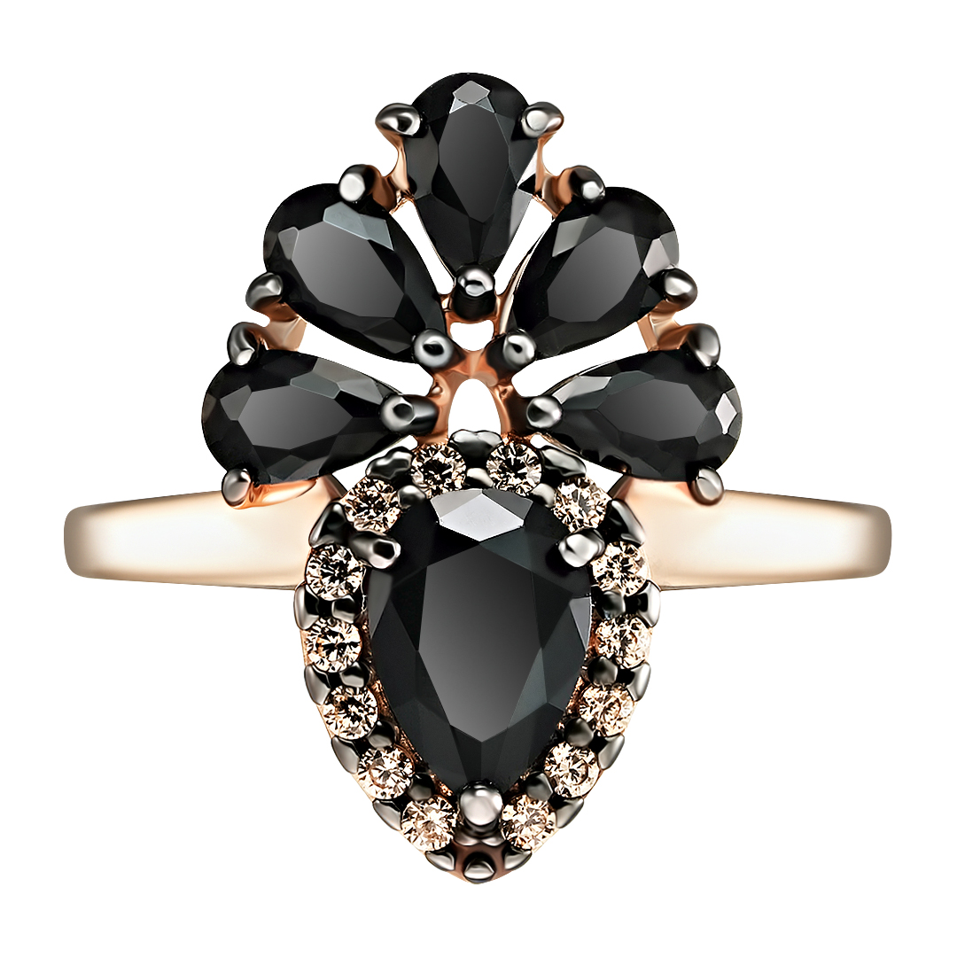 Серебряное кольцо 925 пробы; рдий черн.; вставки 6 Шпинель черн.; 14 Фианит желт.;