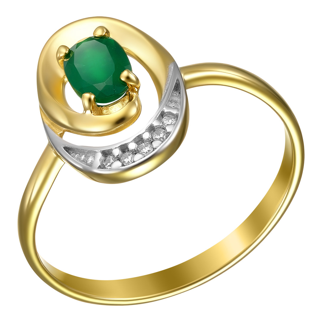 Серебряное кольцо 925 пробы; вставки 1 Агат зеленый; 5 Фианит бесцв.;
