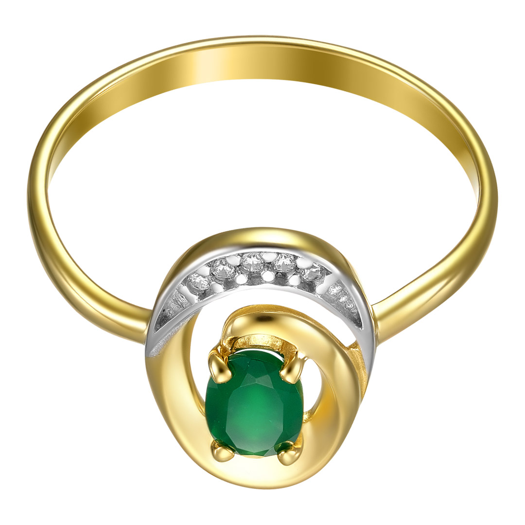 Серебряное кольцо 925 пробы; вставки 1 Агат зеленый; 5 Фианит бесцв.;