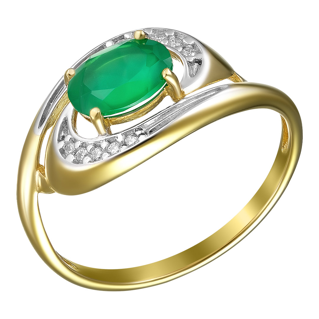 Серебряное кольцо 925 пробы; вставки 1 Агат зеленый; 10 Фианит бесцв.;