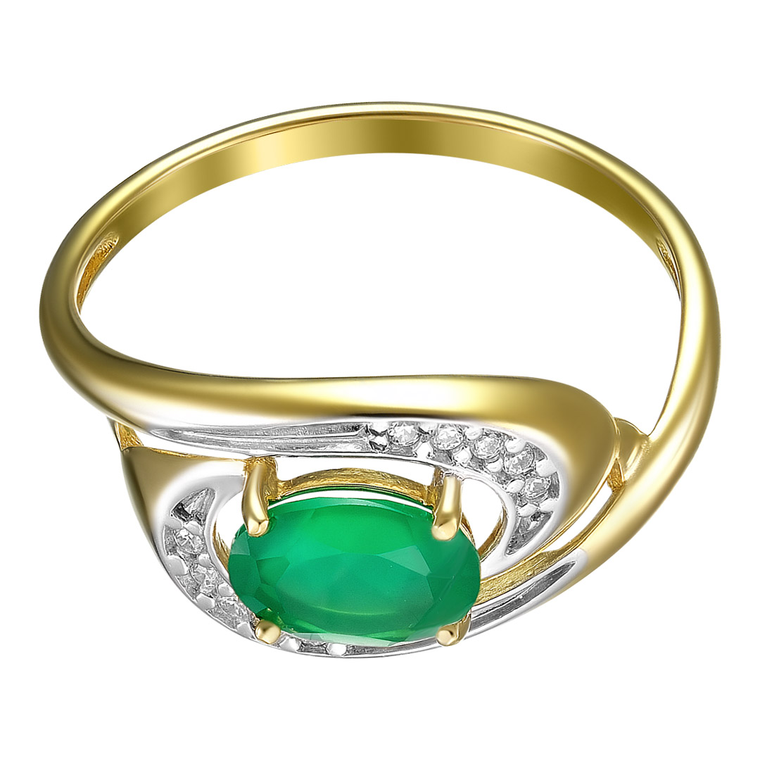 Серебряное кольцо 925 пробы; вставки 1 Агат зеленый; 10 Фианит бесцв.;